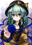  argyle argyle_background bad_id bad_pixiv_id bow checkered checkered_background frown green_eyes green_hair hat heart heart_of_string komeiji_koishi lace ribbon shromann solo touhou upper_body 