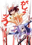  animal_ears black_legwear brown_hair bunny_ears carrot dress inaba_tewi jewelry jumping long_hair multiple_girls pendant purple_hair red_eyes reisen_udongein_inaba shokkin short_hair thighhighs touhou white_legwear 