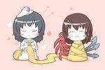  ^_^ bad_id bad_pixiv_id black_hair blush_stickers brown_hair chibi closed_eyes hat heart houjuu_nue knitting knitting_needle multiple_girls murasa_minamitsu needle sailor sailor_hat scarf short_hair shorts south114 sweatdrop touhou wings yarn yarn_ball 