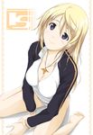  barefoot blonde_hair breasts charlotte_dunois cleavage eviryun face foreshortening from_above highres infinite_stratos jewelry long_hair medium_breasts no_pants panties pendant purple_eyes sitting smile solo underwear wariza 