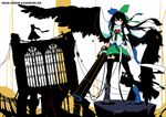  arm_cannon black_hair black_legwear bow green_bow hair_bow ideolo kaenbyou_rin long_hair multiple_girls red_eyes reiuji_utsuho ruins scarf silhouette standing thighhighs third_eye touhou weapon wings 