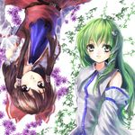  bad_id bad_pixiv_id belt bow detached_sleeves floral_background frog green_eyes green_hair hair_bow hair_ornament hakurei_reimu highres kochiya_sanae long_hair multiple_girls open_mouth purple_eyes rotational_symmetry short_hair smile snake touhou yanusu 