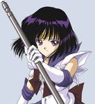  bishoujo_senshi_sailor_moon black_hair blue_background bow brooch brown_bow elbow_gloves expressionless gloves hino_ryutaro holding holding_staff jewelry looking_at_viewer magical_girl purple_eyes purple_sailor_collar sailor_collar sailor_saturn sailor_senshi_uniform short_hair silence_glaive solo staff tiara tomoe_hotaru upper_body white_gloves 