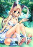  :d alternate_color animal_ears bangle blonde_hair blue_eyes bracelet breasts cameltoe cat_ears cat_tail cleavage collarbone feathers feet front-tie_top halterneck jewelry kawagoe_pochi large_breasts long_hair open_mouth ponytail ragnarok_online sandals sitting smile solo tail toes tree wanderer 