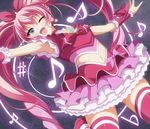  :d armpits arms_up bad_id bad_pixiv_id blue_eyes blush bow choker cure_melody dansa earrings fang grey_background houjou_hibiki jewelry long_hair magical_girl musical_note one_eye_closed open_mouth pink_bow pink_choker pink_hair pink_legwear precure smile solo suite_precure thighhighs twintails zettai_ryouiki 