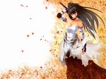  bandages black_hair blue_eyes breasts choker cleavage fingerless_gloves gloves hakama japanese_clothes katana large_breasts leaf long_hair navel original ponytail red_hakama sarashi solo sun-3 sword wallpaper weapon 