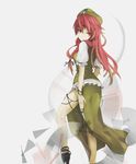  1girl alternate_eye_color anklet bad_id bad_pixiv_id bare_legs blush bracelet braid china_dress chinese_clothes dress earrings glaring hat high_heels highres hong_meiling jewelry long_hair looking_back ogipote red_eyes red_hair shoes side_slit simple_background solo star_(symbol) touhou twin_braids 