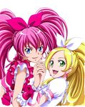  blonde_hair blue_eyes bow cure_melody cure_rhythm earrings eyelashes green_eyes hairband holding_hands houjou_hibiki jewelry long_hair magical_girl minamino_kanade momoiro_koume multiple_girls pink_bow pink_hair ponytail precure simple_background smile suite_precure twintails upper_body 