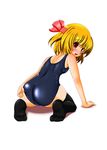  adjusting_clothes adjusting_swimsuit ass bad_id bad_pixiv_id blonde_hair blush fang highres kneeling looking_back one-piece_swimsuit red_eyes ribbon rumia school_swimsuit shiny shiny_clothes short_hair skindentation solo swimsuit tera_hiroshi thighhighs touhou 
