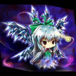  arm_cannon blood blue_hair bow chibi cirno dress fusion green_bow hair_bow if_they_mated red_eyes red_star_(toranecomet) reiuji_utsuho shoes solo touhou weapon wings 