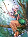  :d ajishio ankle_lace-up breasts cleavage cleavage_cutout cross-laced_footwear dark_skin day dress elf flower hair_flower hair_ornament in_tree leaf lens_flare long_hair medium_breasts open_mouth original pointy_ears red_eyes sandals sitting sitting_in_tree sky smile solo sun tree waving white_hair 