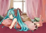  :3 aqua_eyes aqua_hair bad_id bad_pixiv_id bow curtains dress hair_bow hatsune_miku long_hair lying nail_polish pillow solo striped striped_background thighhighs vocaloid window yukiririn 