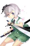  bad_id bad_pixiv_id black_hairband blue_eyes blush bow cherry_blossoms dual_wielding hair_bow hairband holding katana konpaku_youmu petals ryou_(effort) scabbard sheath short_hair silver_hair solo sword touhou unsheathing weapon white_hair 