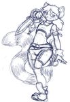  feminine girly legs_together looking_at_viewer male mammal monochrome red_panda sketch solo sword tetarga weapon 