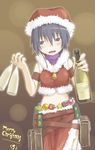  alcohol artist_request charme_(recettear) cup drinking_glass drunk merry_christmas midriff purple_eyes purple_hair recettear santa_costume short_hair side_slit solo wine wine_glass 