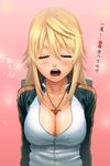 blush breasts charlotte_dunois cleavage closed_eyes highres infinite_stratos jacket jewelry large_breasts lasterk open_mouth pendant raglan_sleeves solo track_jacket translated 