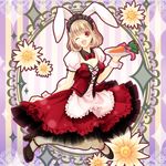  :d animal_ears art_nouveau blonde_hair breasts bunny_ears carrot cleavage doily dress fishnet_pantyhose fishnets flower frilled_dress frills high_heels maid maid_headdress medium_breasts one_eye_closed open_mouth orange_eyes original pantyhose plate shoes short_hair short_sleeves smile solo striped striped_background yuka_(mischief) 