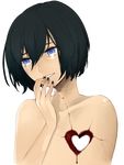  bad_id bad_pixiv_id black_hair bleeding blood blue_eyes copyright_request cracked_skin hand_to_own_mouth heart hole_on_body kurono_yuu nail_polish nude short_hair solo tears transparent_background upper_body 