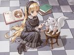  :3 arm_support blonde_hair book boots chair checkered checkered_floor cheek_poking crossover gosick gothic gothic_lolita green_eyes kyubey lolita_fashion long_hair mahou_shoujo_madoka_magica on_floor open_book pipe poking sitting very_long_hair victorica_de_blois yoshikawa_kazunori 