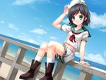  aqua_eyes bad_id bad_pixiv_id bangle beach black_hair blush boots bracelet day dutch_angle fingernails hand_on_headwear hands hat highres jewelry midriff momoko_(momopoco) murasa_minamitsu navel ocean railing rubber_boots sailor sailor_collar sailor_hat short_hair shorts sitting smile solo touhou 