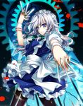 alternate_hairstyle between_fingers blood blue_eyes bow braid dagger foreshortening gears hair_bow holster izayoi_sakuya knife long_hair maid maid_headdress outstretched_arm pantyhose riv silver_hair smile solo thigh_strap touhou twin_braids weapon wrist_cuffs 