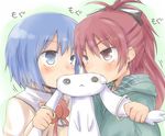  :3 blue_eyes blue_hair blush bow eating hair_bow hood hoodie kyubey lockheart long_hair mahou_shoujo_madoka_magica miki_sayaka mitakihara_school_uniform multiple_girls ponytail red_eyes red_hair sakura_kyouko school_uniform short_hair yuri 