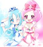  blue_choker blue_eyes blue_hair bow choker cure_blossom cure_marine hanasaki_tsubomi heart heartcatch_precure! kurumi_erika long_hair magical_girl multiple_girls pink_bow pink_choker pink_eyes pink_hair ponytail precure ribbon taroimo wrist_cuffs 