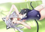  animal animal_ears bad_id bad_pixiv_id bell bestiality breasts cat cat_ears cat_tail cleavage eyepatch infinite_stratos jingle_bell kemonomimi_mode laura_bodewig licking long_hair lying one-piece_swimsuit red_eyes s040784 school_swimsuit silver_hair small_breasts solo swimsuit tail 