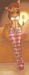  2006 bed breasts brown_eyes canine cleavage female fox midriff orange solo standing stockings tail tailsrulz underwear undressing wide_hips 