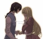  1boy 1girl baccano! blonde_hair brown_hair closed_eyes copyright_name couple dress hair_ornament hair_ribbon hand_on_own_face hetero holding_hands huey_laforet long_hair monica_campanella oto_nagi ponytail ribbon simple_background tears vest yellow_eyes 