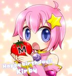  blue_eyes blush child eating hair_ornament hairclip happy_birthday kirby kirby_(series) male male_focus personification pink_hair shota trap 