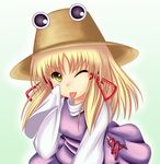  :p akanbe blonde_hair hat koyake moriya_suwako one_eye_closed short_hair sleeves_past_wrists smile solo tongue tongue_out touhou yellow_eyes 