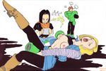  1girl android android_16 android_17 android_18 areolae belt black_hair blonde_hair blue_eyes boots breast_grab breasts clenched_teeth control dragon_ball dragonball_z earrings eyes_closed fingering grabbing jacket jewelry leg_up legs lying masturbation nipples no_bra open_mouth pantyhose shadow shirt_lift short_hair sitting skirt standing teeth thighs 