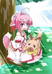  absurdres ahoge animal_ears arm_gloves bare_shoulders blush dog dog_days dog_ears dog_tail dress highres millhiore_f_biscotti open_mouth pink_hair purple_eyes sitting smile tail 