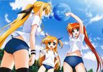  3girls ass blonde_hair bloomer blue_eyes buruma child fate_testarossa green_eye gym_uniform hair_ribbon heterochromia highres loli long_hair lyrical_nanoha mahou_shoujo_lyrical_nanoha mahou_shoujo_lyrical_nanoha_vivid multiple_girls open_mouth red_eyes ribbon smile takamachi_nanoha teen teenage thighhighs thighs tongue vivio 