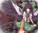 arm_cannon asuka_(louyun) bad_id bad_pixiv_id bow brown_hair caution dress feathers hair_bow highres red_eyes reiuji_utsuho solo third_eye touhou weapon wings 