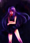  artist_request bare_arms beatrice_(wild_arms) black_background crossed_arms darkness evil_smile long_hair open_mouth purple_hair red_eyes scarf sidelocks simple_background skirt smile solo source_request wild_arms wild_arms_3 