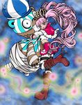  bandages bear blush boots brown_eyes bururururu crown curly_hair full_body hat hug knee_boots kumacy long_hair mask md5_mismatch midriff o_o one_piece pantyhose perona pink_hair shirt skirt smile striped striped_legwear twintails 