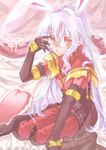  adjusting_glasses animal_ears armor boots bunny_ears duke_(tales_of_vesperia) duke_pantarei glasses gloves long_hair male male_focus open_mouth red_eyes sitting tales_of_(series) tales_of_vesperia very_long_hair white_hair yonyon 