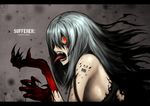  barcode blood claws gia glowing glowing_eyes grey_background horror_(theme) original red_eyes sharp_teeth solo teeth tongue white_hair 