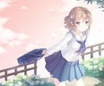  bag blush brown_eyes brown_hair cherry_blossoms fence flower hair_flower hair_ornament hanasaku_iroha matsumae_ohana school_bag school_uniform serafuku short_hair silverms2 smile solo 