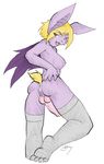  anus balls bat blonde_hair breasts erection fang hair hair_over_eye herm intersex looking_at_viewer looking_back nude penis plantigrade presenting purple pussy short_hair side_boob solo stockings sukebepanda tail white_background wings 