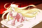  all_fours animal_ears bakemonogatari bare_shoulders bed blonde_hair breasts cleavage hanekawa_tsubasa hanekawa_tsubasa_(cat) long_hair monogatari_(series) open_mouth pillow teeth tongue yellow_eyes 