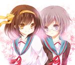  bad_id bad_pixiv_id brown_eyes brown_hair cardigan glasses grey_hair hair_ribbon kita_high_school_uniform multiple_girls nagato_yuki ribbon school_uniform serafuku short_hair suzumiya_haruhi suzumiya_haruhi_no_yuuutsu yonema 