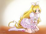  :o blonde_hair boots bow braid brooch choker cure_rhythm dress earrings eyelashes full_body green_eyes hair_ribbon heart high_heels highres jewelry knee_boots kneeling long_hair magical_girl minamino_kanade precure ribbon ruriruri shoes solo suite_precure wallpaper white_choker wrist_cuffs 