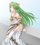  bare_shoulders breasts choker circlet cleavage crown goddess green_eyes green_hair highres jewelry kid_icarus kid_icarus_uprising large_breasts legs long_hair necklace palutena single_thighhigh sitting solo tamamon thighhighs thighs vambraces very_long_hair white_legwear 