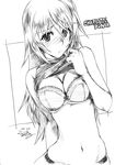  bare_shoulders blush bra breasts charlotte_dunois cleavage dated embarrassed french greyscale infinite_stratos large_breasts lingerie long_hair monochrome navel ranguage shirt_lift signature solo traditional_media underwear yoshijima_ataru 