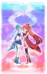  bad_id bad_pixiv_id blue_hair boots cape closed_eyes gloves highres holding_hands interlocked_fingers long_hair magical_girl mahou_shoujo_madoka_magica miki_sayaka multiple_girls musical_note ponytail praying profile red_hair sakura_kyouko shima_hayaki short_hair thighhighs water_drop white_gloves 