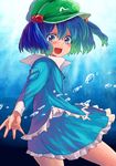  absurdres bad_id bad_pixiv_id blue_eyes blue_hair blush bubble hair_bobbles hair_ornament hat highres kawashiro_nitori matsutani open_mouth short_hair smile solo touhou two_side_up underwater 
