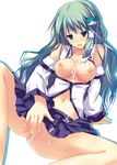  breasts green_eyes green_hair hair_ornament kochiya_sanae masturbation medium_breasts nipples no_panties pussy pussy_juice rikudou_inuhiko solo touhou 